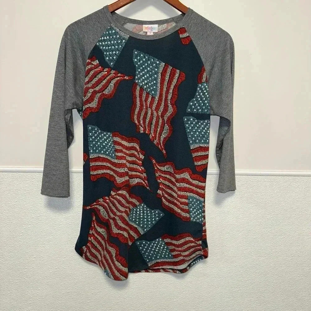 Women's LuLaRoe Baseball Tee Shirt, S, Navy Red Grey American Flag - Picture 5 of 9